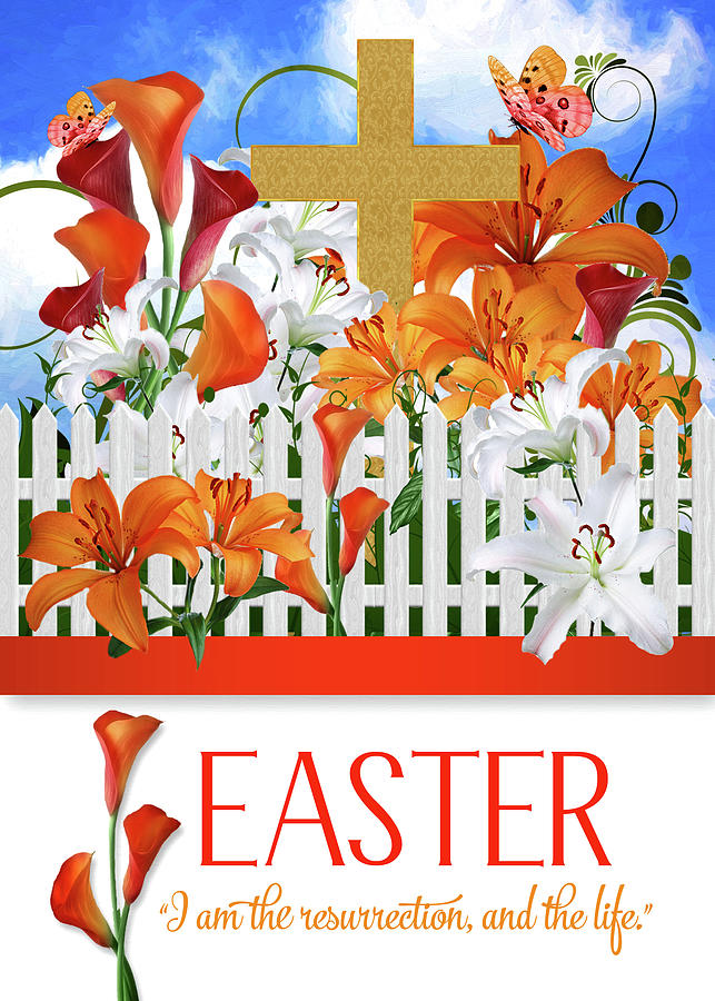 Easter Lily Garden with Gold Cross and John 11 Scripture Digital Art by Doreen Erhardt