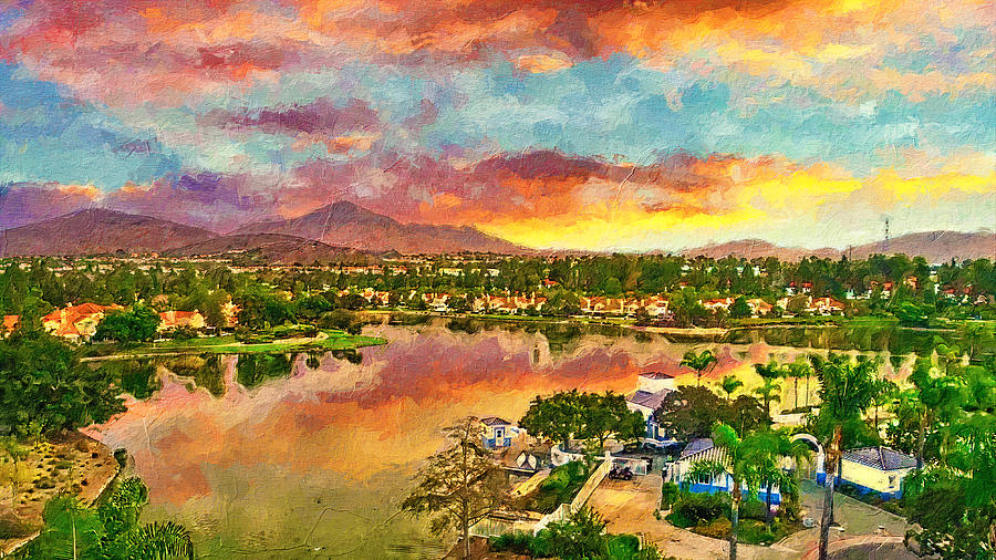 Eastlake, Chula Vista, in the evening, with Jamul Mountains in the distance Digital Art by Nicko Prints
