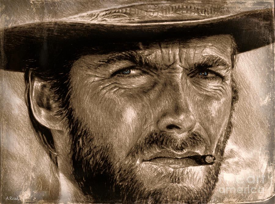 The Good The Bad And The Ugly Drawing - Eastwood close up by Andrew Read