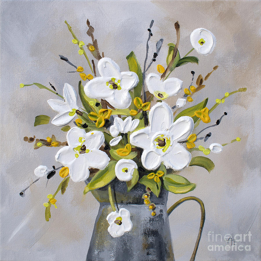 Easy Pickins - White impasto flowers in pitcher Painting by Annie Troe