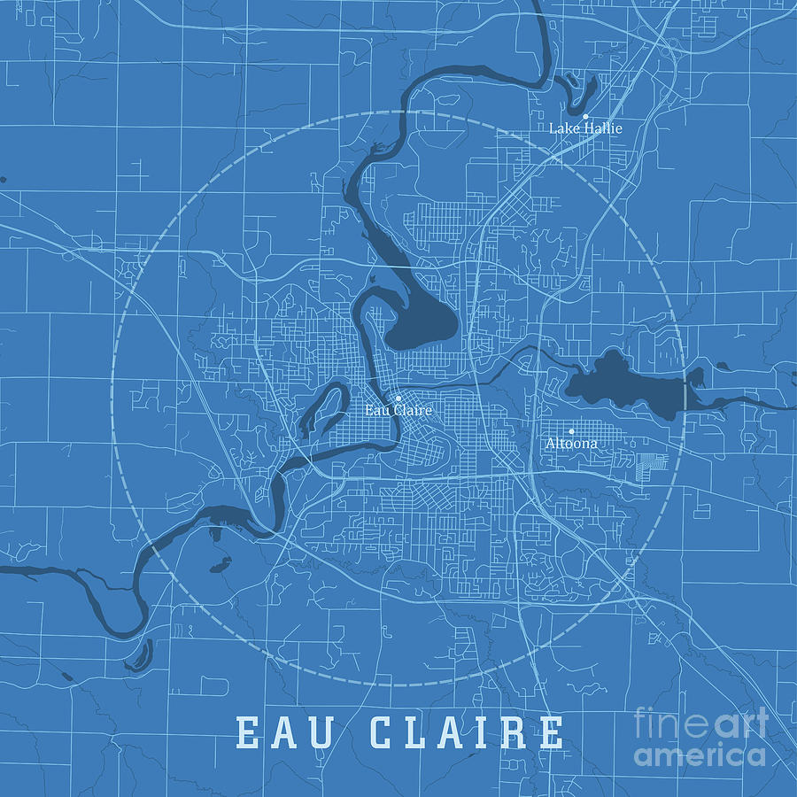 Eau Claire WI City Vector Road Map Blue Text Digital Art by Frank ...