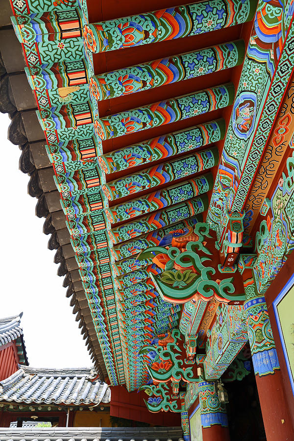 Eaves painted in traditional dancheong pattern, Beomeosa Temple, Busan Photograph by Elizabeth Beard
