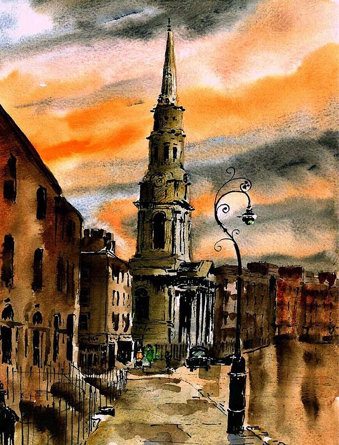 Eccles St., and St Georges Church, Dublin. Painting by Val Byrne