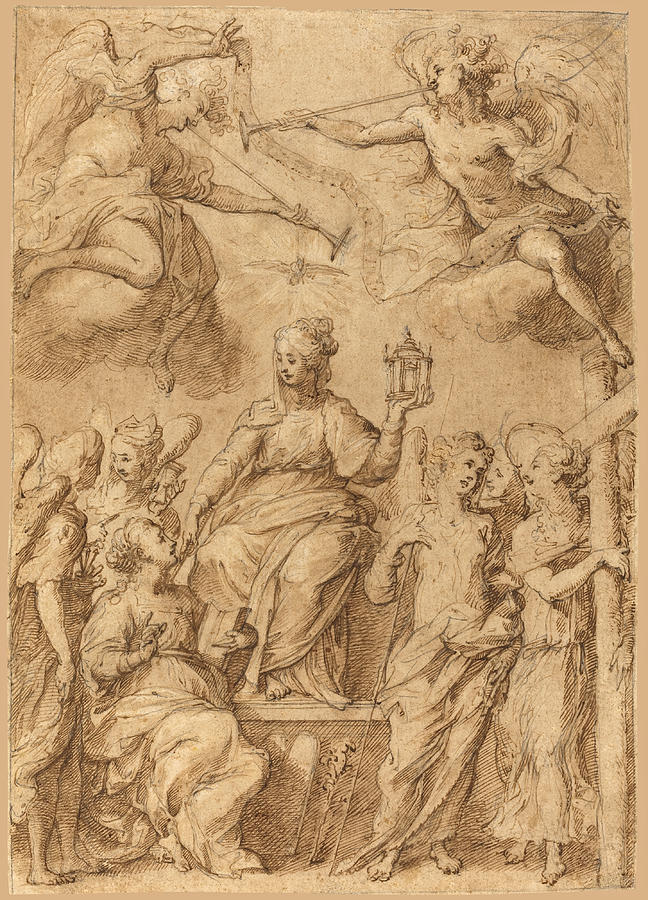 Ecclesia Surrounded by Angels Holding the Instruments of the Passion Drawing by Attributed to Bernardo Strozzi