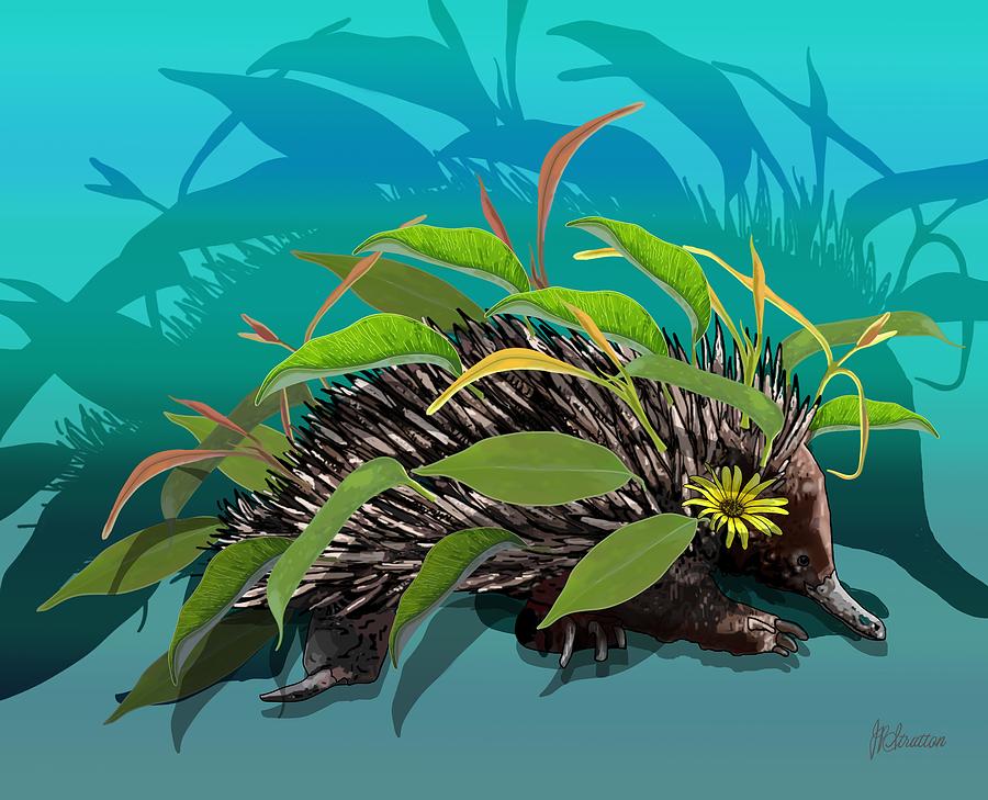 Echidna Dressed In Gumnut Leaves And Her Shadow Blues Digital Art by Joan Stratton