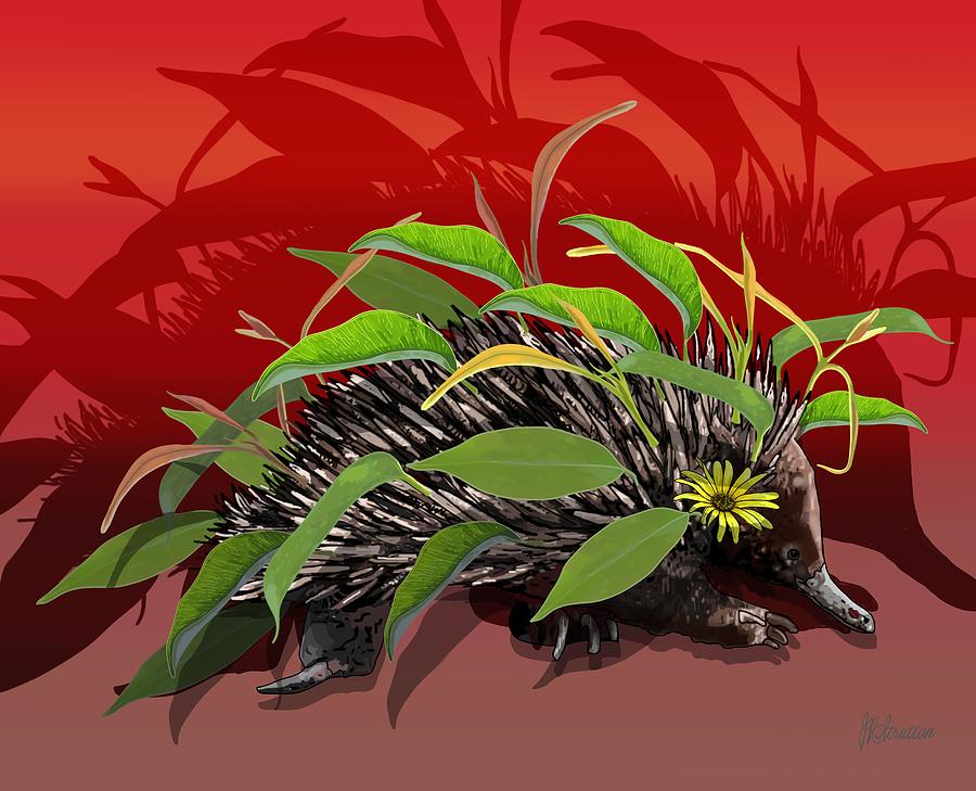Echidna Dressed In Gumnut Leaves And Her Shadow Reds Digital Art by Joan Stratton