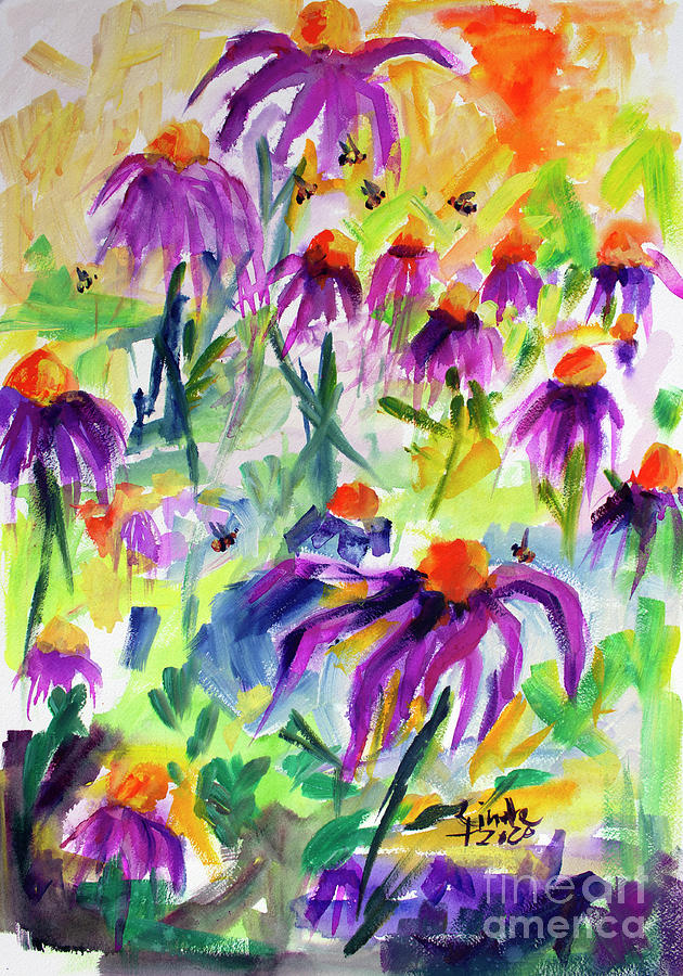 Echinecea Flowers and Bees Watercolors Painting by Ginette Callaway