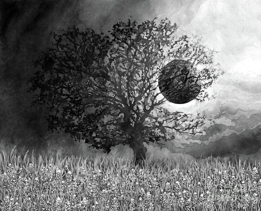 Eclipse Over Bluebonnets In Black And White Painting