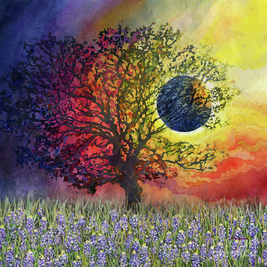 Nature Painting - Eclipse Over Bluebonnets - Total Eclipse by Hailey E Herrera