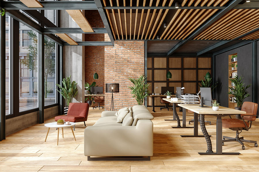 Eco-Friendly Modern Office Interior With Brick Wall, Waiting Area And Indoor Plants. Photograph by Onurdongel
