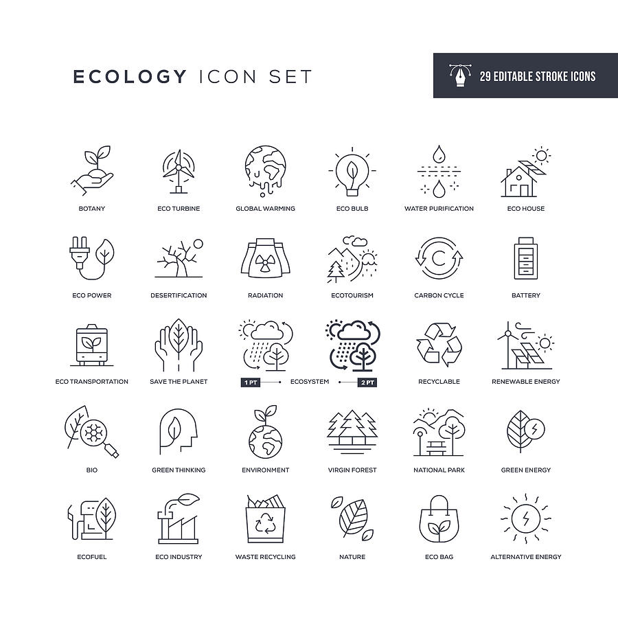 Ecology Editable Stroke Line Icons Drawing by Enis Aksoy
