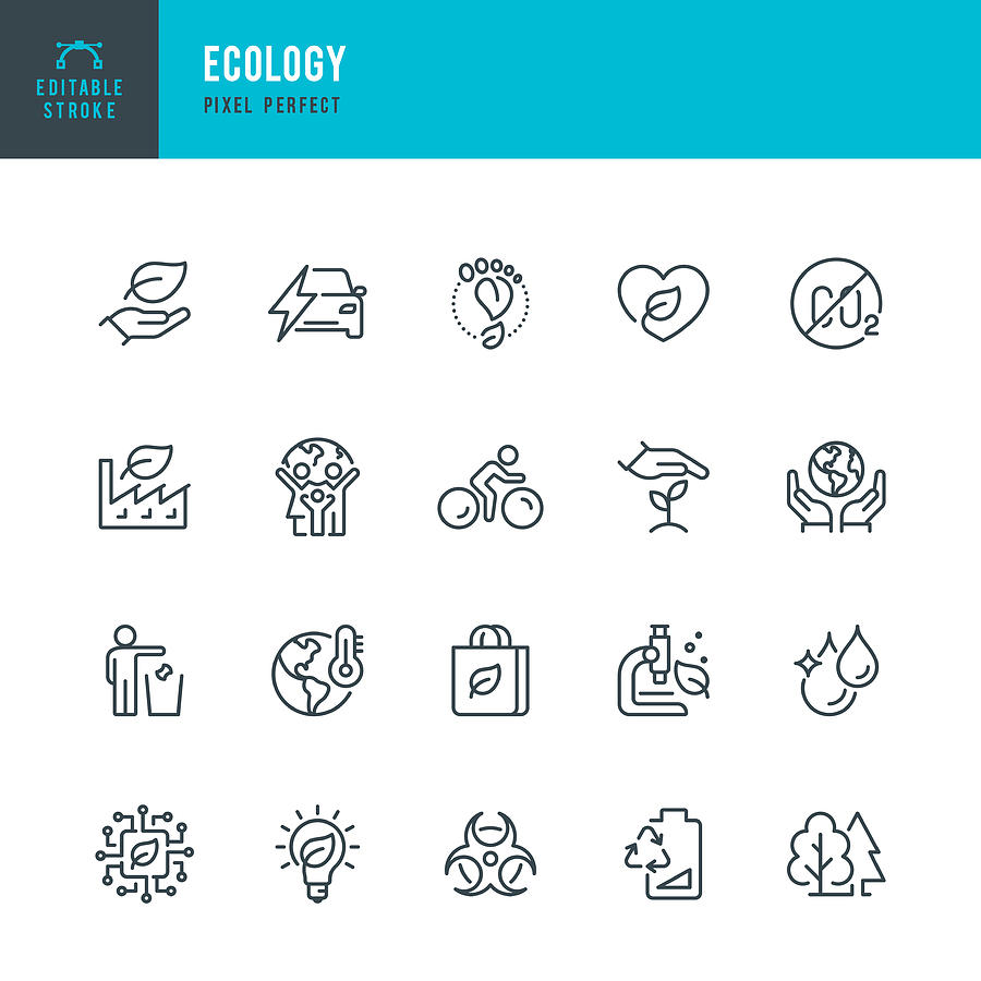 ECOLOGY - thin line vector icon set. Pixel perfect. Editable stroke. The set contains icons: Ecology, Climate Change, Environmental Conservation, Alternative Energy, Green Technology. Drawing by Fonikum
