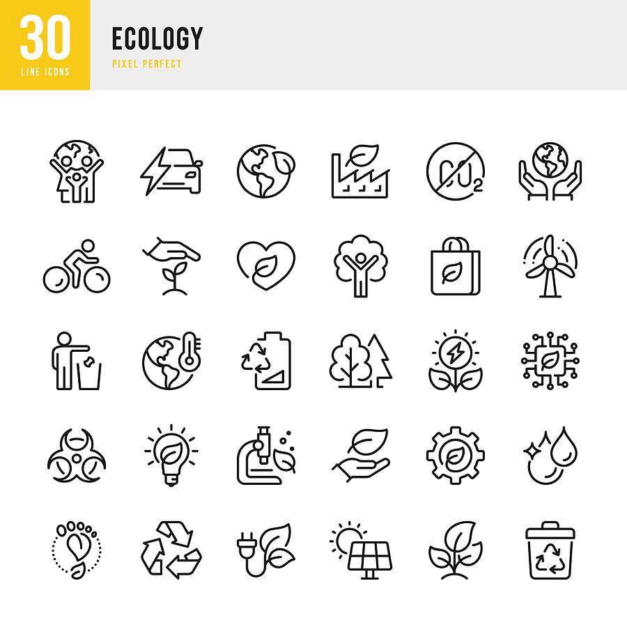 ECOLOGY - thin line vector icon set. Pixel perfect. The set contains icons: Climate Change, Alternative Energy, Electric Vehicle, Zero Waste, Carbon Dioxide, Solar Energy, Wind Power. Drawing by Fonikum