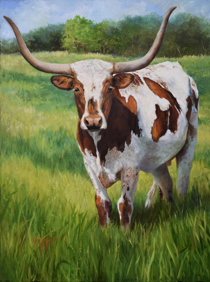 Eddies Spotted Longhorn Cow An Original by Cheri Wollenberg Painting by Cheri Wollenberg