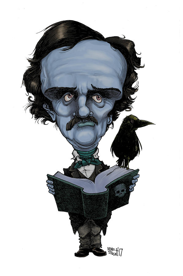 Edgar Allan Poe, blue Drawing by Mike Scott