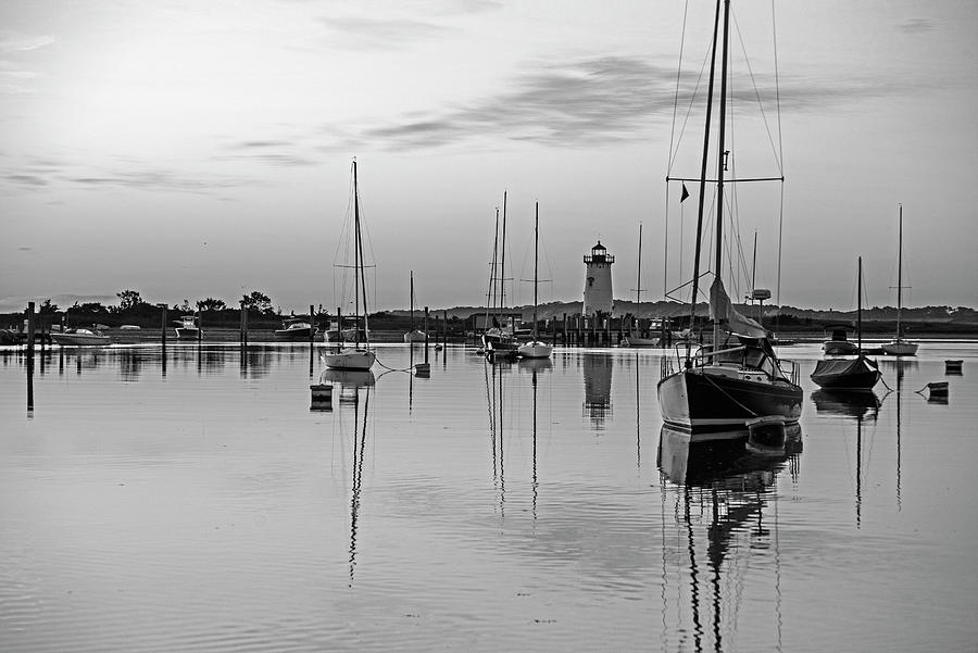 Edgartown Harbor Sunrise Edgartown Lighthouse and Sailboats Marthas Vineyard Black and White Photograph by Toby McGuire