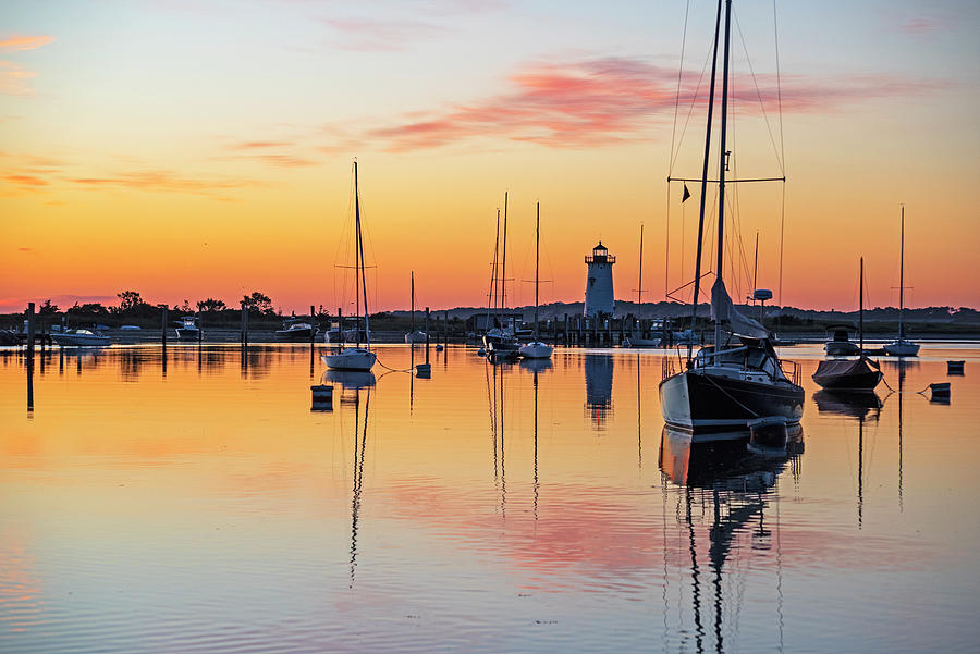 Edgartown Harbor Sunrise Edgartown Lighthouse and Sailboats Marthas Vineyard Photograph by Toby McGuire