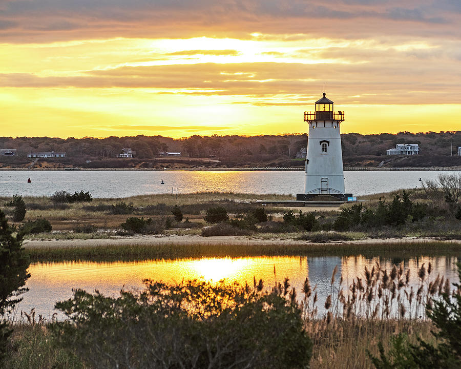 Edgartown MA Lighthouse at Sunrise Marthas Vineyard Cape Cod Reflection Photograph by Toby McGuire