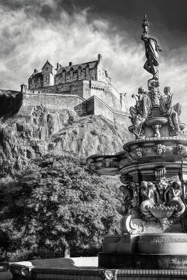 Edinburgh Castle and Ross Fountain Edinburgh Scotland Black and White Photograph by Carol Japp