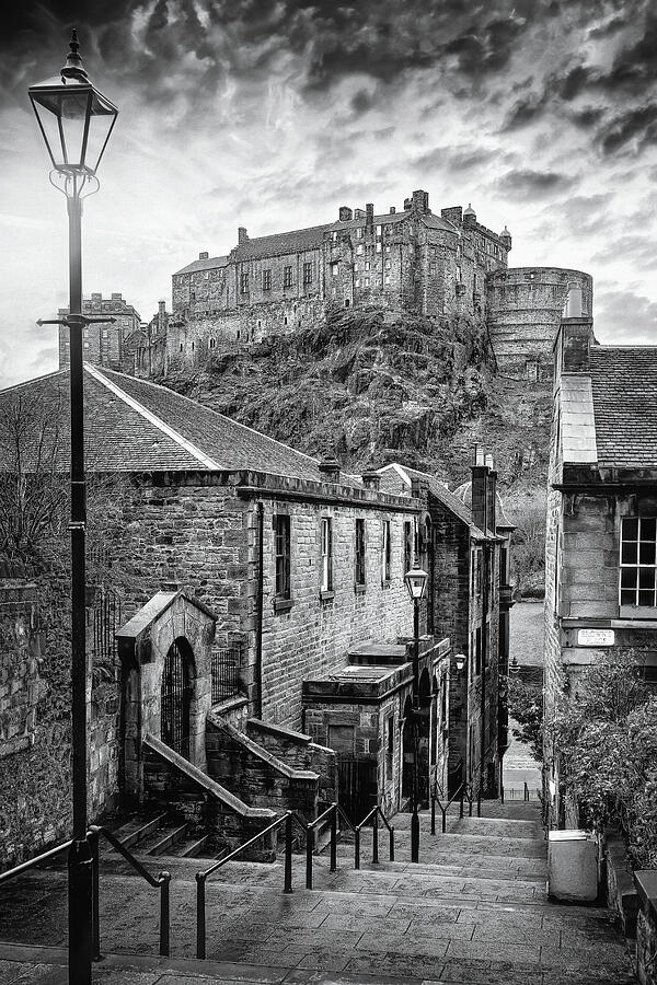 Edinburgh Castle From The Vennel Scotland Black and White  Photograph by Carol Japp
