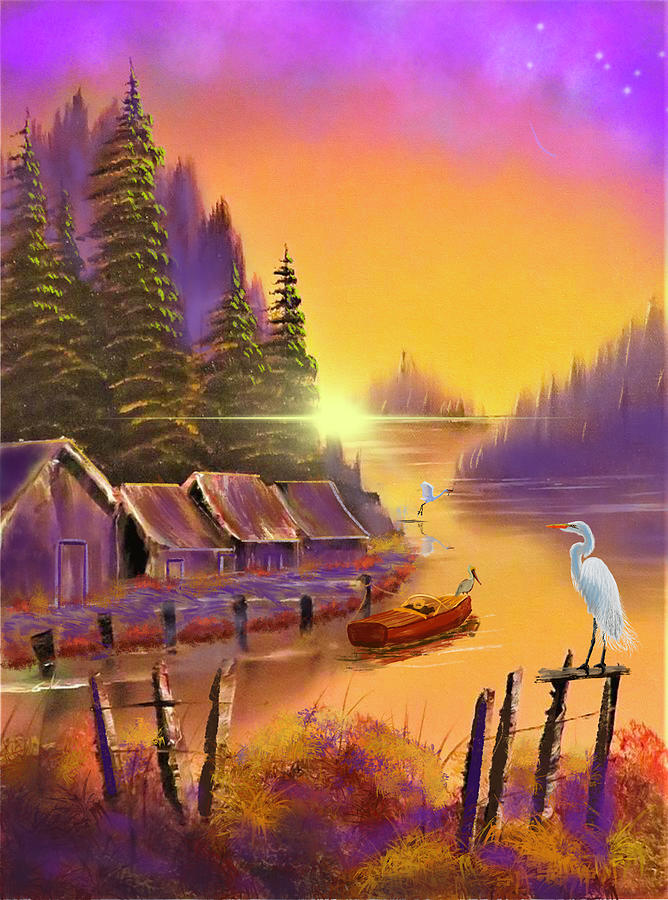 Edit Of Cabins On Sunset Lake Digital Art