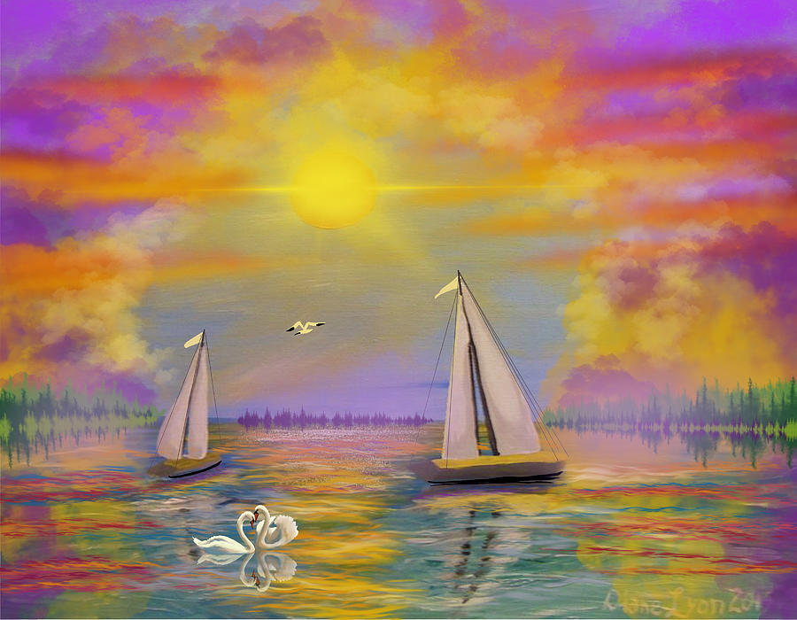 Edit Of Sailboats At Sunset Digital Art