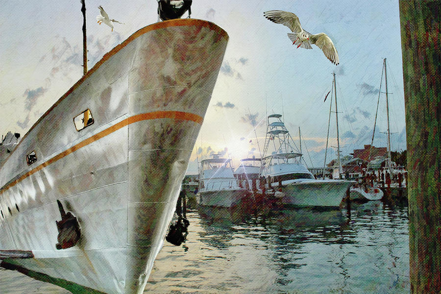 Edit This Challenge Barging Through the Marina at Sunset Digital Art by Gaby Ethington