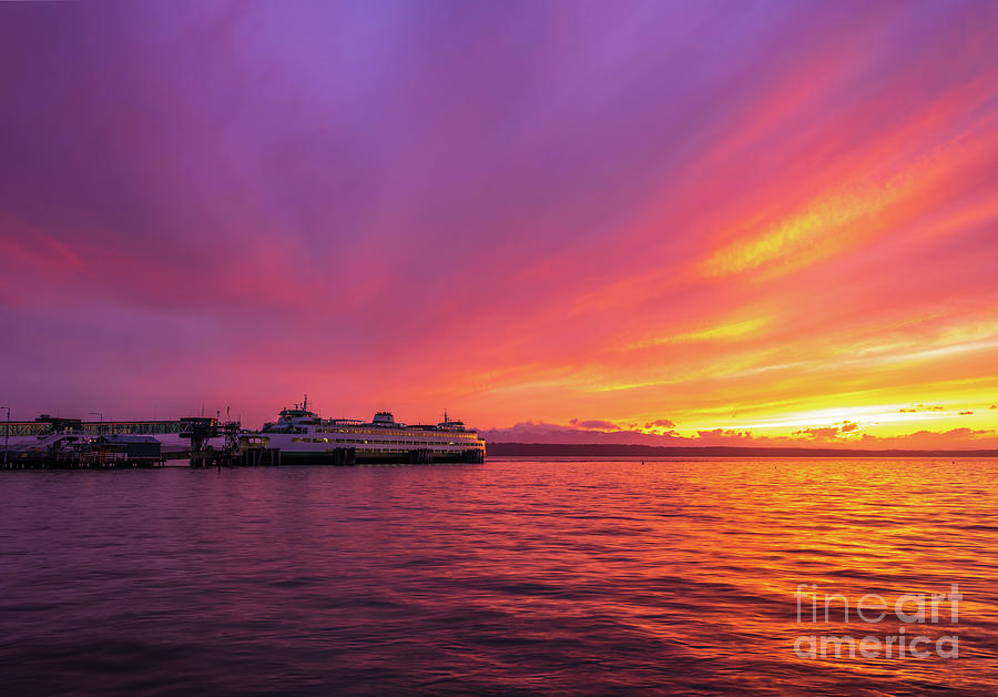 Edmonds Ferry Docked Fiery Sunset Photograph