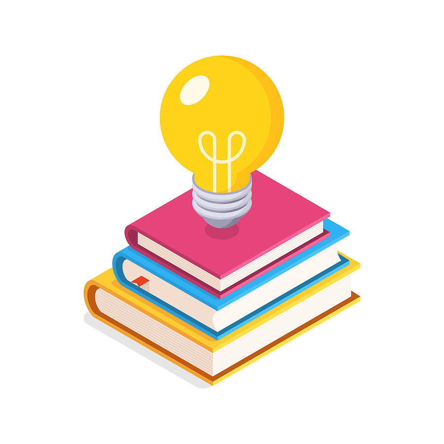 Education Concept. Flat, Isometric illustration with Lightbulb and Stack of Books. Drawing by Rambo182