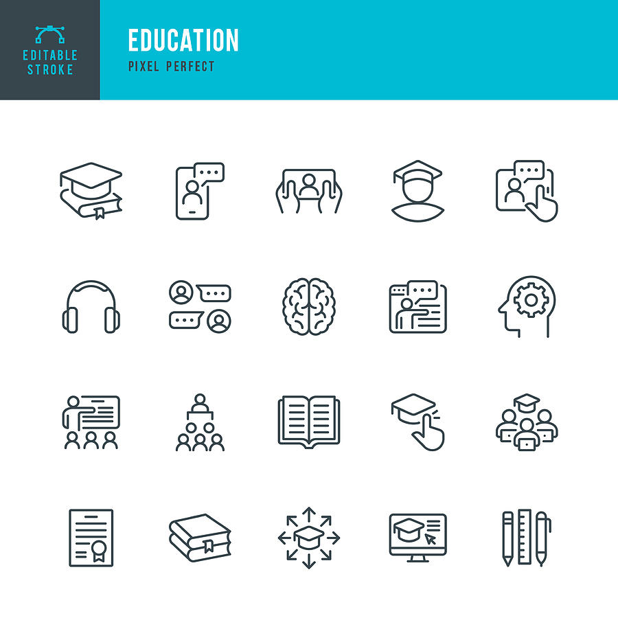 EDUCATION - thin line vector icon set. Pixel perfect. Editable stroke. The set contains icons: E-Learning, Education, Home Schooling, Classroom, Diploma, Social Distancing, Web Conference. Drawing by Fonikum