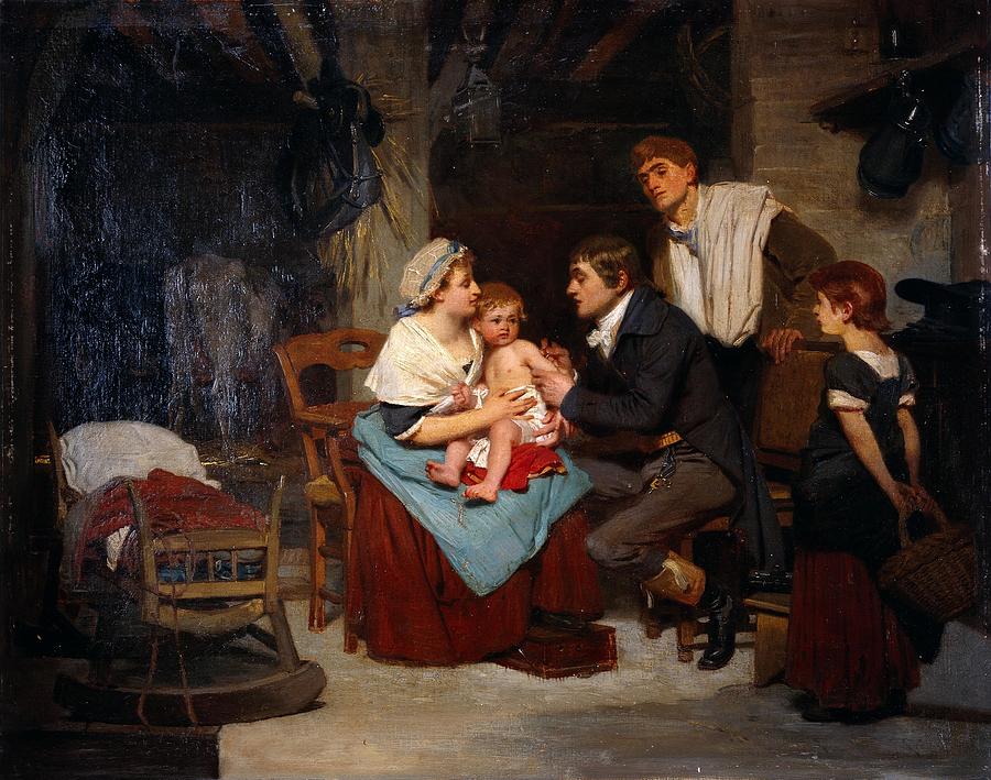 Edward Jenner vaccinating a boy. Oil painting by E.-E. Hillemacher, 1884. Painting by Artistic Rifki