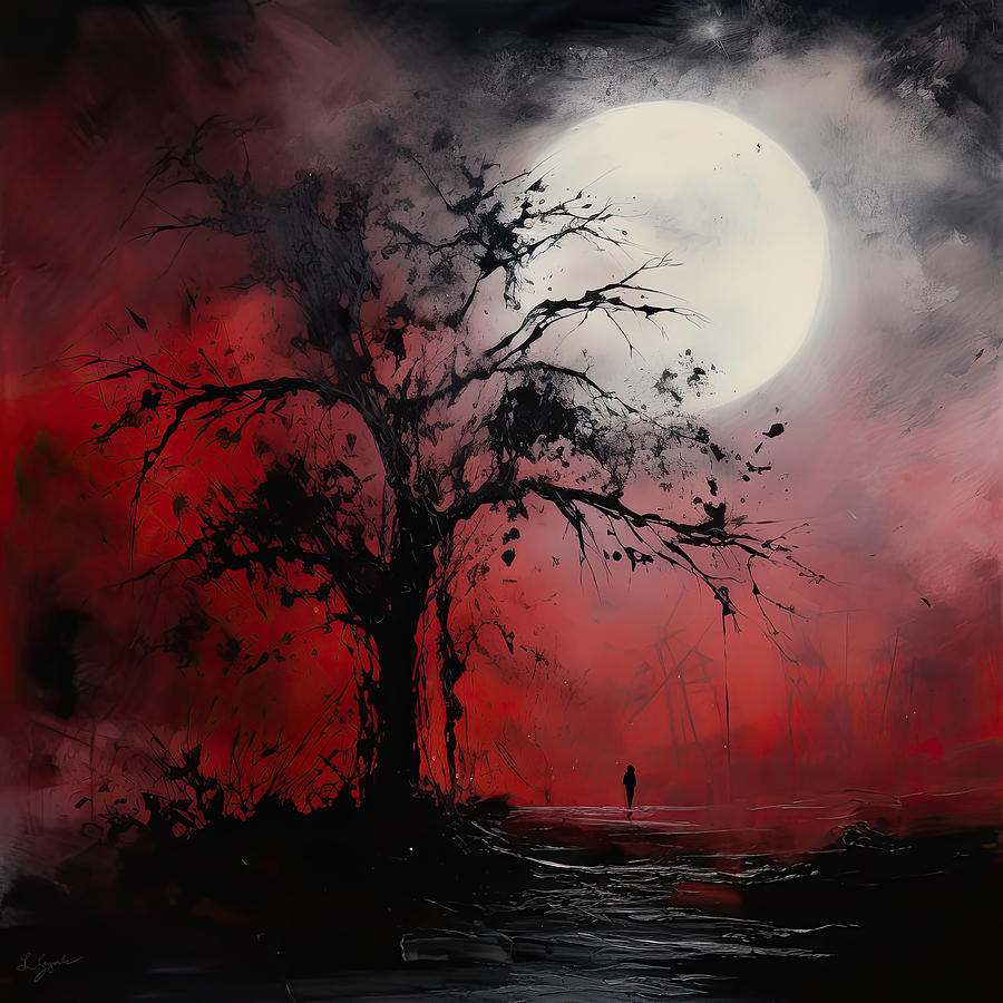 Eerie Encounter - Black and Red Art Painting by Lourry Legarde