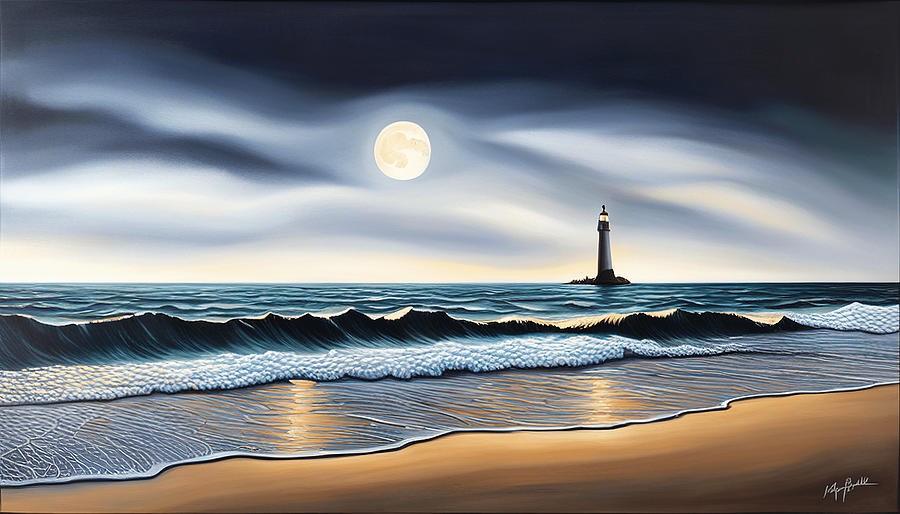 Eerie Lighthouse At Night Beach Painting Digital Art By ArtAIstry Ai ...