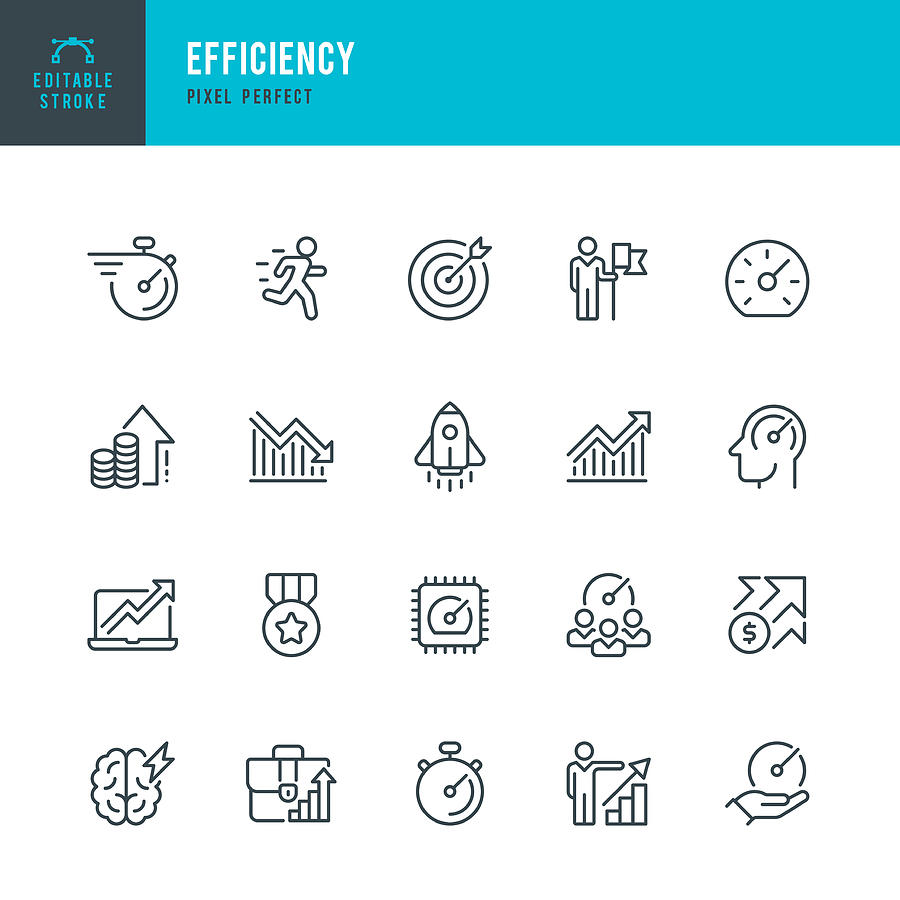 Efficiency - thin line vector icon set. Pixel perfect. Editable stroke. The set contains icons: Efficiency, Growth, Target, Test Results, Urgency, Stopwatch, Speedometer, Runner, Rocketship, Medal. Drawing by Fonikum