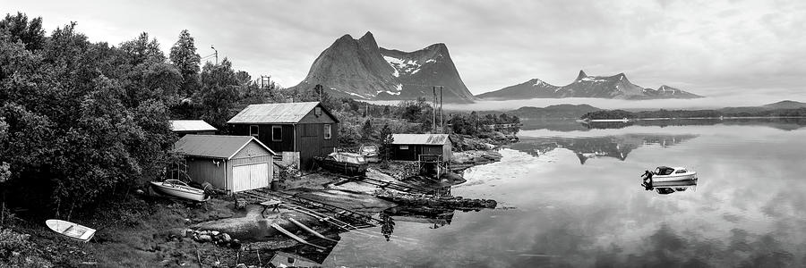 Efjord Norwegian Boathouses Black and white Nordland Norway Photograph by Sonny Ryse