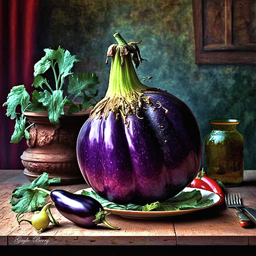 Nature Mixed Media - Eggplant On The Table 003 by Gayle Berry