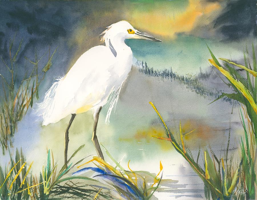 Egret at Night Creek Painting by Hiroko Stumpf