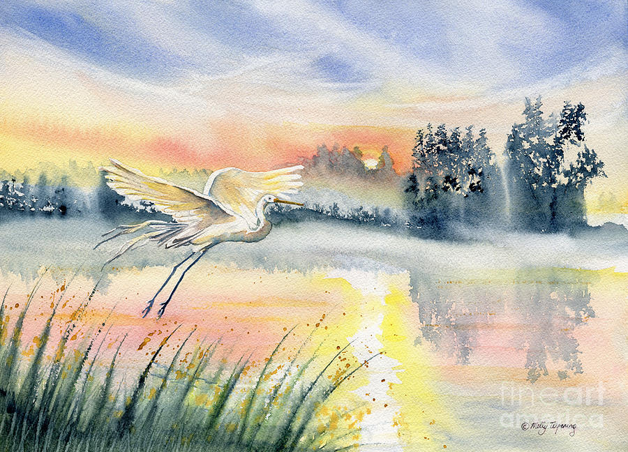 Egret - Flying in The Dawn Painting by Melly Terpening