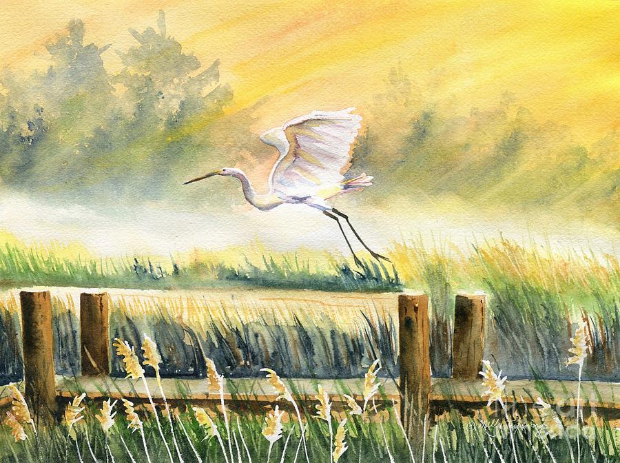 Egret Flying Over Marsh Painting by Melly Terpening