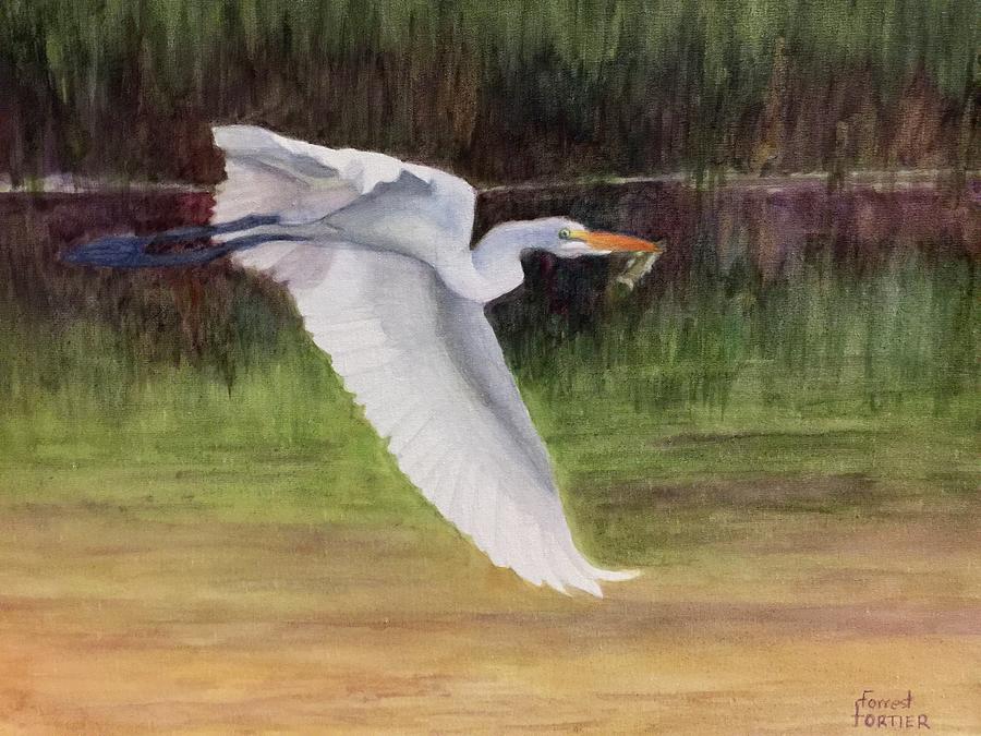 Egret in Flight Painting by Forrest Fortier