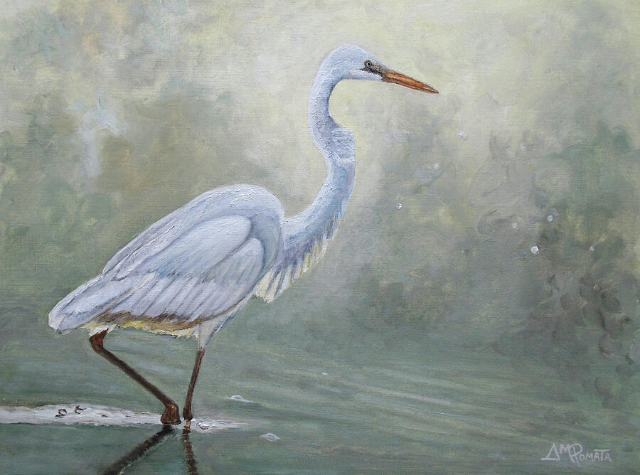 Egret In The Mist Painting by Angeles M Pomata Egret In The Mist Painting by Angeles M Pomata