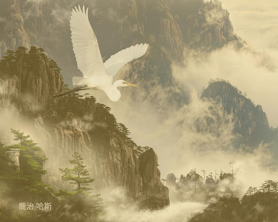 Egret Over Cloud Covered Mountains Digital Art by George Harth