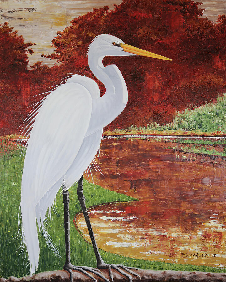 Landscape Painting - Egret Standing by Peter Secker Landscape Painting - Egret Standing by Peter Secker