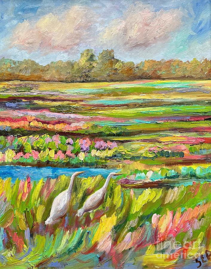 Egrets in Marsh Painting by Sarah Davis Egrets in Marsh Painting by Sarah Davis