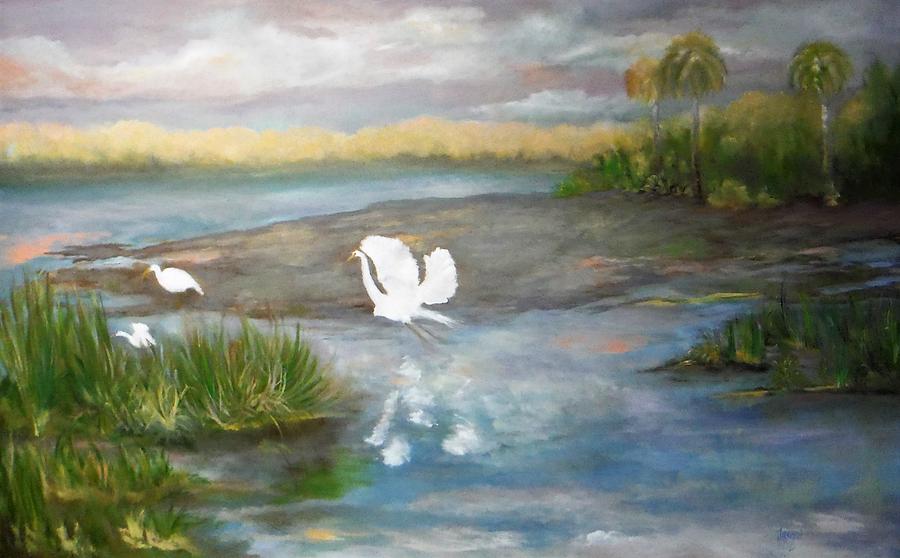 Egrets in the Everglades Painting by Jacqueline Whitcomb