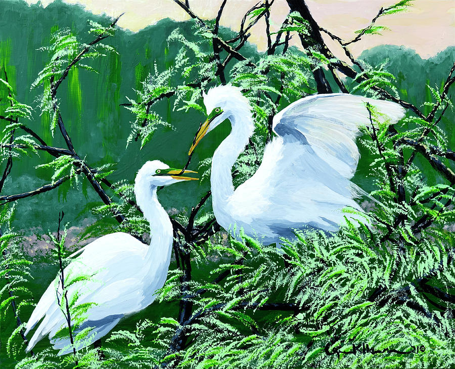 Egrets Nesting Painting by Lynn Hansen
