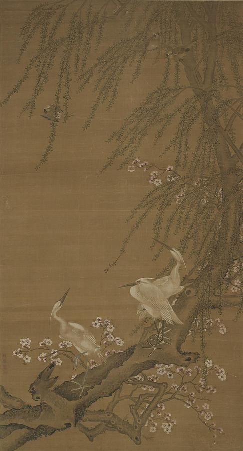 Space Drawing - Egrets  Small Birds  Willows  and Peach Blossom by Zhao Yong
