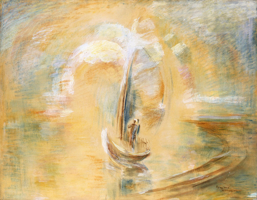 Egry Jozsef paintings - Aranykapu, Golden sunrise at Lake Balaton with sailboat Painting by Egry Jozsef