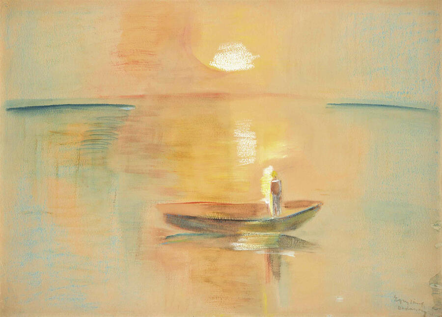 Egry Jozsef paintings - Balatoni naplemente, Sunset over Balaton, landscape with sunset and boat Painting by Egry Jozsef