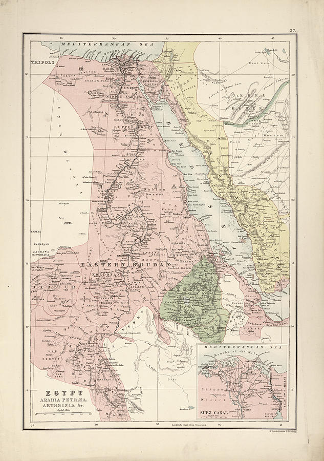 Map Drawing - Egypt Arabia Petra and Abyssinia 1885 by Vintage Maps